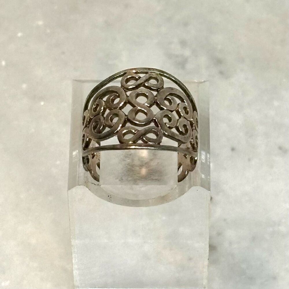 Anthropologie Silver Swirl Scroll Filigree Open Work Band Wide Ring Size 8.25